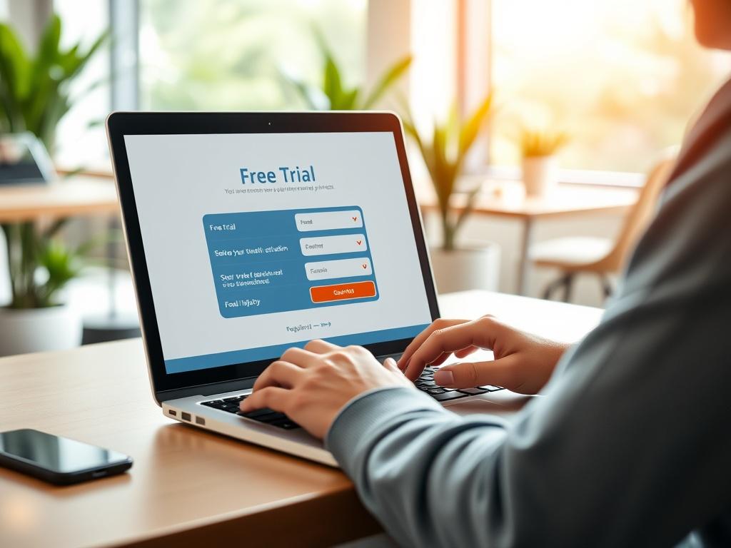 A person sitting at a modern desk, engaged with a laptop displaying a free trial registration form on the screen. The background features a bright, airy office space with greenery and natural light streaming in. The close-up shot focuses on the user's hands typing on the keyboard, symbolizing engagement and excitement about starting a new digital journey. The overall composition is simple, highlighting the individual and the laptop, with a warm and inviting atmosphere.