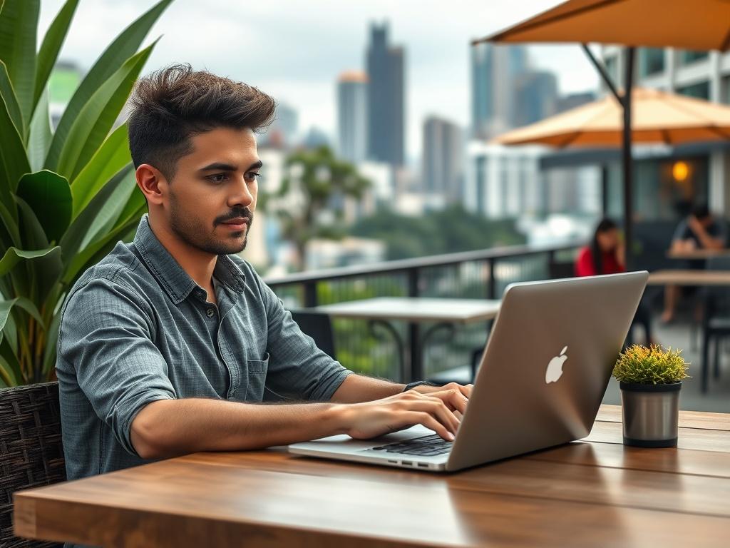 A close-up shot of a digital nomad working on a laptop at a scenic outdoor café in Kuala Lumpur, Malaysia. The focus should be on the individual, showcasing a relaxed yet professional demeanor. The background features lush greenery and a vibrant cityscape, emphasizing a blend of nature and urban living. The image should capture the essence of remote work, with a high-resolution quality rendered in a hyper-realistic style, compatible with the primary color rgb(50, 170, 39).