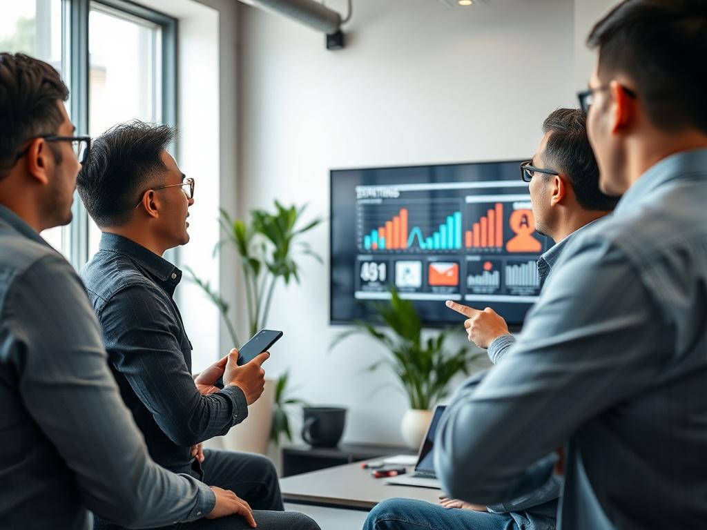 A focused shot of a consultant engaging with a small group of entrepreneurs in a modern office setting. The consultant, a middle-aged Malaysian male wearing business casual attire, is explaining a digital strategy on a large screen. The room is bright and contemporary, with plants in the background to add a touch of greenery. The atmosphere is collaborative and energetic, showcasing interaction and engagement among the group.