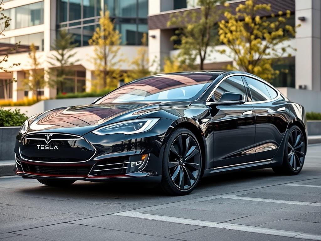 A hyper-realistic close-up shot of a luxury Tesla Model S Plaid Edition parked in an urban environment, showcasing its sleek design and innovative features. The background should include modern architecture and greenery, reflecting a harmonious blend of technology and nature. The image should have a vibrant color palette with a focus on the vehicle's glossy finish, shot with a 45mm f/1.2 lens to capture intricate details.
