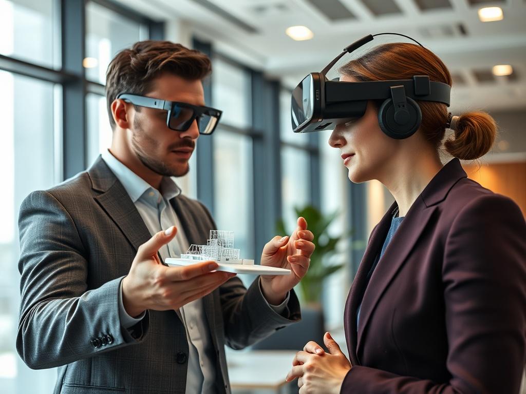 A hyper-realistic close-up shot of a business consultant demonstrating Augmented Reality (AR) technology to a client in an office setting. The consultant is showing a 3D model via an AR headset, while the client looks intrigued and engaged. The background is a modern office with a sleek design, featuring a large window with natural light illuminating the space.
