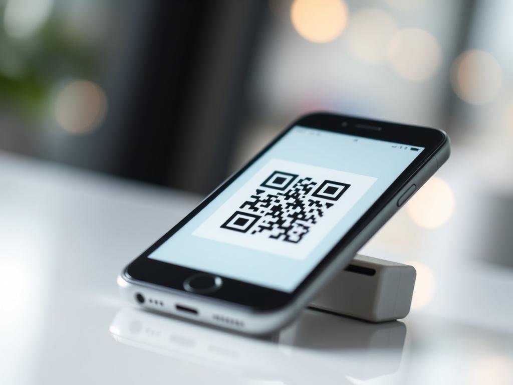 A hyper-realistic close-up shot of a smartphone displaying a QR code on its screen, symbolizing the e-Invoice QR Code Generator. The background should be softly blurred to keep the focus on the phone and the QR code. The lighting is bright and inviting, conveying a sense of innovation and efficiency in the billing process. The color palette should incorporate elements of rgb(50, 170, 39) to align with the brand's identity.