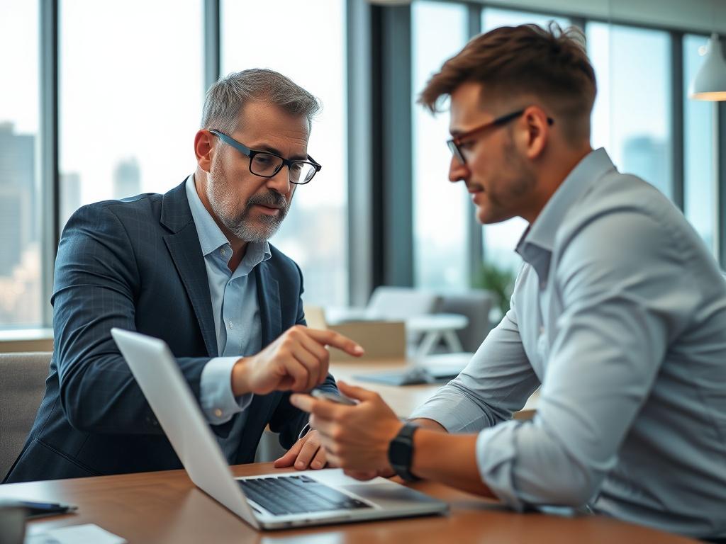 Close-up shot of a consultant engaged in a discussion with a client over a laptop, showcasing a digital transformation strategy. The setting should be a modern office environment with sleek furniture and minimal clutter. The consultant, dressed in business attire, should be pointing at data on the laptop screen, illustrating an analysis. The background should feature a large window with natural light pouring in, highlighting a cityscape. The image should have a hyper-realistic style, shot with a 45mm f/1.2 