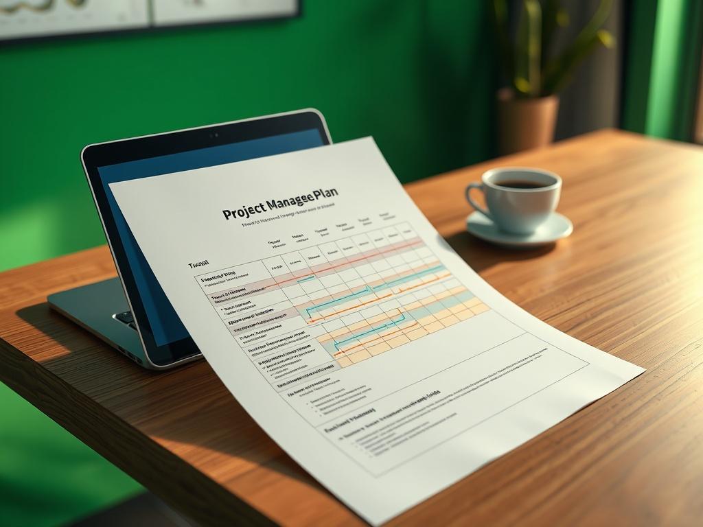 A high-resolution close-up shot of a project management plan document displayed on a sleek wooden desk, with a laptop and a cup of coffee in the background. The focus is on the document detailing timelines, resources, and milestones, showcasing a sense of organization and professionalism. The lighting is warm and inviting, enhancing the vibrant green tones of the room. Shot with a 45mm f/1.2 lens style.