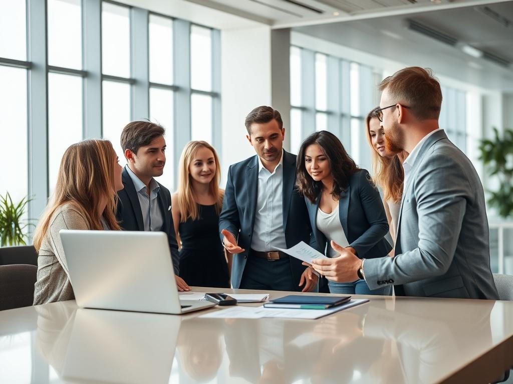 A professional consultant engaged in a discussion with a business team in a modern office setting. The scene should depict a diverse group of professionals gathered around a table, reviewing digital transformation strategies. The consultant is presenting insights on enterprise digital capabilities, with charts and graphs visible on a laptop screen. The background should be a sleek office with large windows allowing natural light to enter, creating a bright and inviting atmosphere. The focus should be sharp 