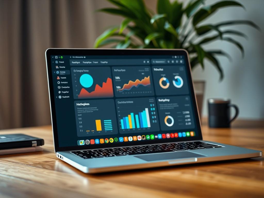 A close-up shot of a digital marketing analytics dashboard displayed on a laptop screen, with vibrant graphs and data visualizations. The laptop is placed on a wooden desk with a plant in the background, creating a professional yet inviting atmosphere. The image is captured in hyper-realistic style with soft focus on the background to emphasize the dashboard, shot with a 45mm f/1.2 lens.