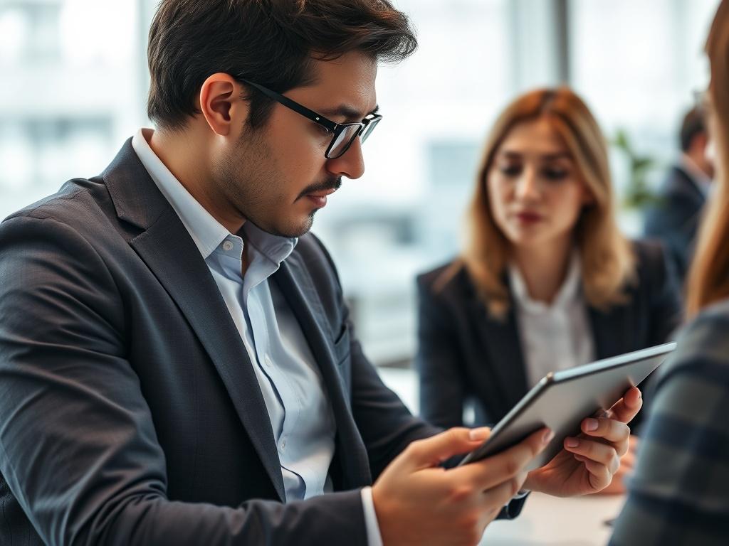 A close-up image of a professional consultant engaged in a discussion with a client over a digital tablet, showcasing graphs and customer experience metrics. The background should be a sleek, modern office environment, emphasizing technology and collaboration. The consultant should appear focused and engaged, conveying a sense of expertise and support in enhancing customer experiences.