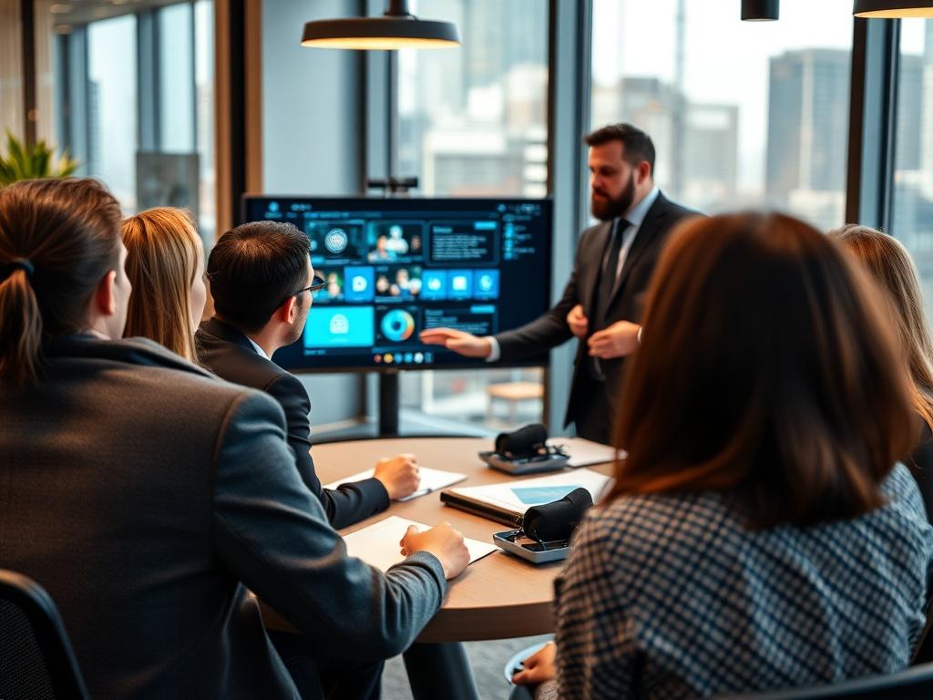 A consultant in a modern office setting providing training to a group of employees on new digital tools, with an engaging atmosphere and visuals on a screen.