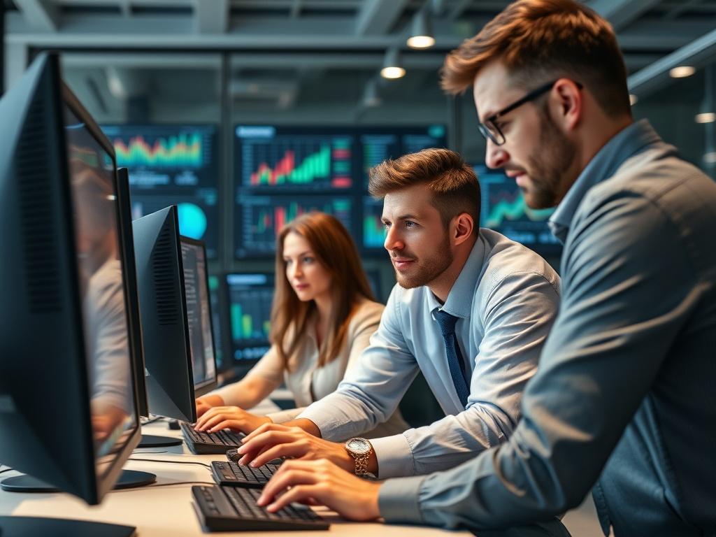 A project manager overseeing a team as they set up new software on computers in a modern office setting, with screens displaying progress and charts in the background.