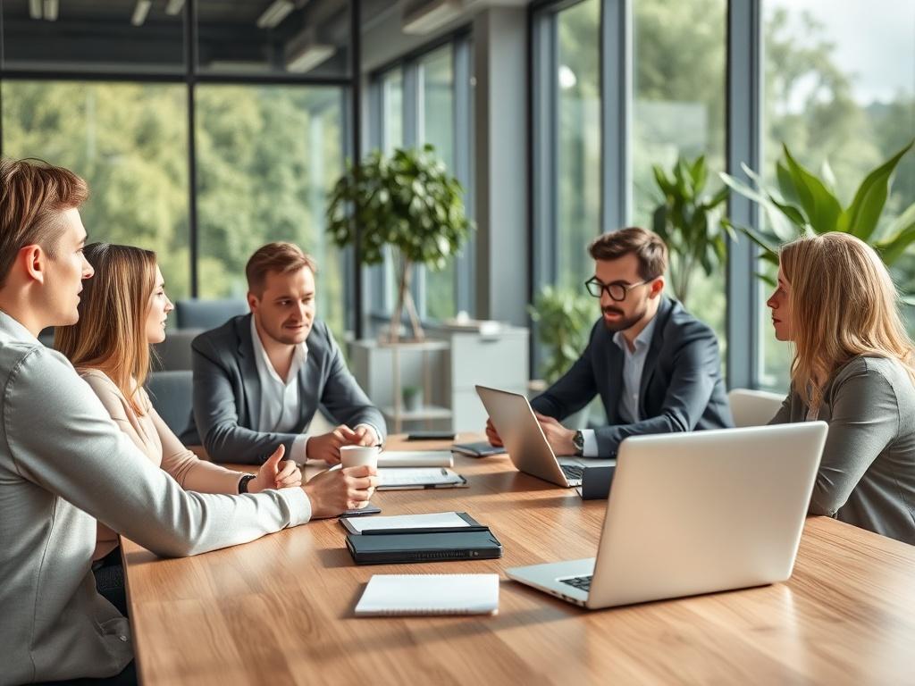 A professional consultant sitting across a table from a business team, discussing strategies with a notepad and laptops on the table. The background shows a modern office with large windows and greenery.