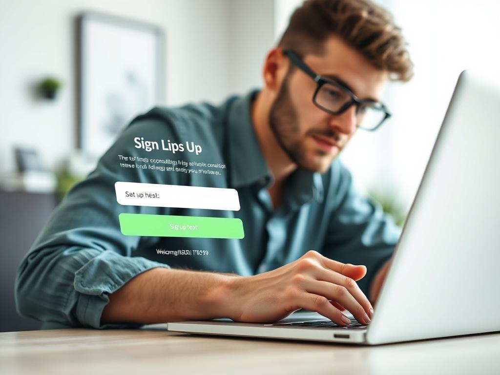 A close-up image of a person using a laptop, engaged in the sign-up process for a technology consulting service. The background is softly blurred to emphasize the individual's focused expression, showcasing a modern workspace with a clean, minimalistic design. The color palette includes green tones to reflect the primary color rgb(50, 170, 39), creating a welcoming and professional atmosphere.