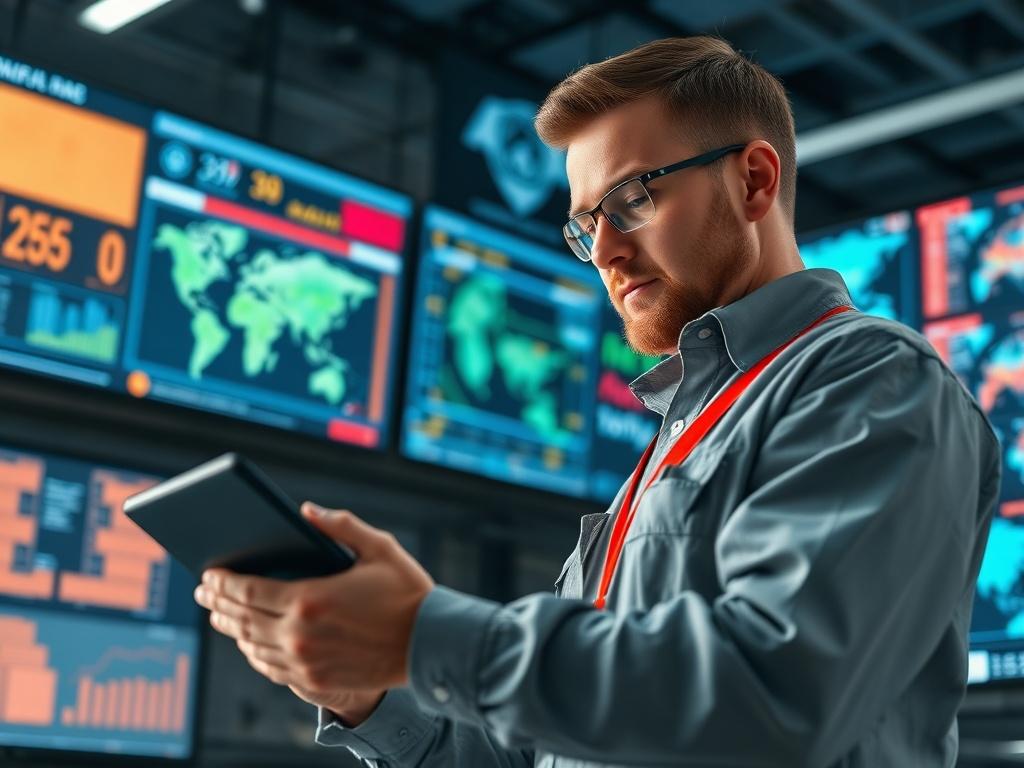 A close-up shot of a modern logistics operations center with advanced technology displays. Capture a single logistics manager analyzing data on a digital tablet. The background should show screens with live tracking information and maps. The lighting should be bright and professional, emphasizing a high-tech environment. The color scheme should feature the primary color rgb(50, 170, 39), reflecting innovation and sustainability.