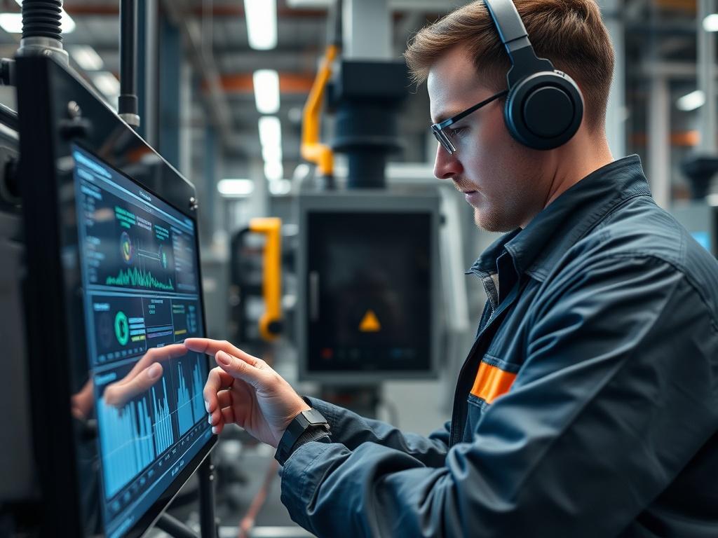 A hyper-realistic, close-up shot of a modern factory setting, showcasing advanced machinery and technology in a clean, bright environment. The focus should be on a skilled technician interacting with a digital interface, analyzing data on a screen, with machinery in the background symbolizing innovation and modernization. The primary color of the image should align with rgb(50, 170, 39) to reflect the brand's identity.