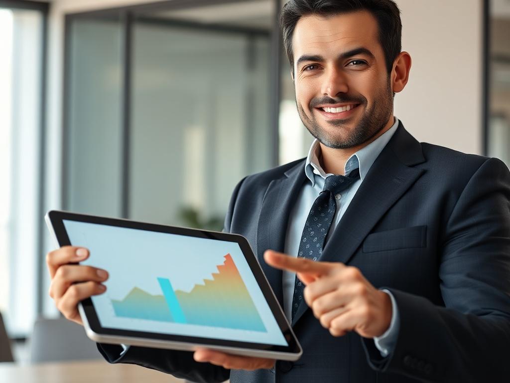 A close-up shot of a confident business professional holding a tablet in one hand and pointing to a graph showing growth on the screen with the other hand. The background displays a modern office environment with soft lighting. The individual is wearing a smart, professional outfit, and the focus is on their expression of determination and excitement about digital transformation. The image should reflect a sense of achievement and innovation, using vibrant colors that harmonize with the primary color rgb(50