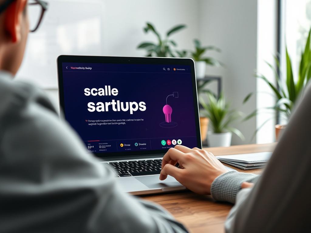 A close-up shot of a person engaging in a lively webinar session, featuring a laptop showing a presentation about scaling startups. The background is a modern office setting, with elements like a whiteboard and plants, emphasizing a professional yet inviting atmosphere. The subject should be animated and engaged, capturing the essence of collaboration and innovation.