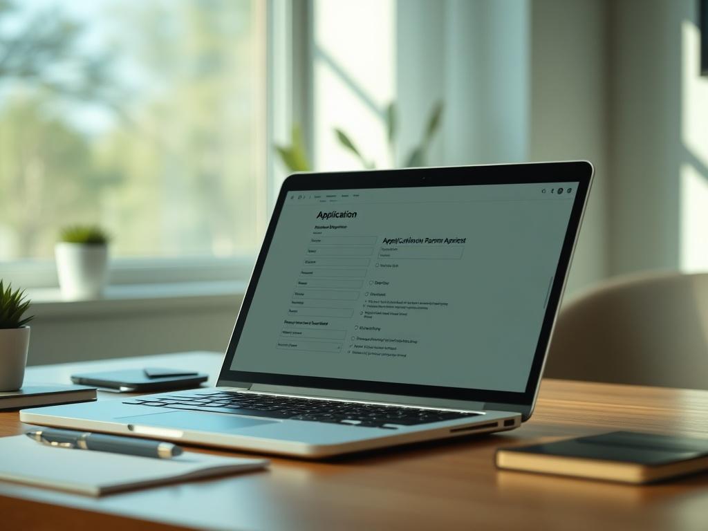 A close-up shot of a laptop with a filled-out online application form on the screen, placed on a modern desk. The desk has a few stationery items like a pen and notepad. Soft natural light is streaming in from a nearby window, creating an inviting atmosphere. The color palette emphasizes green tones, aligning with the primary color rgb(50, 170, 39).