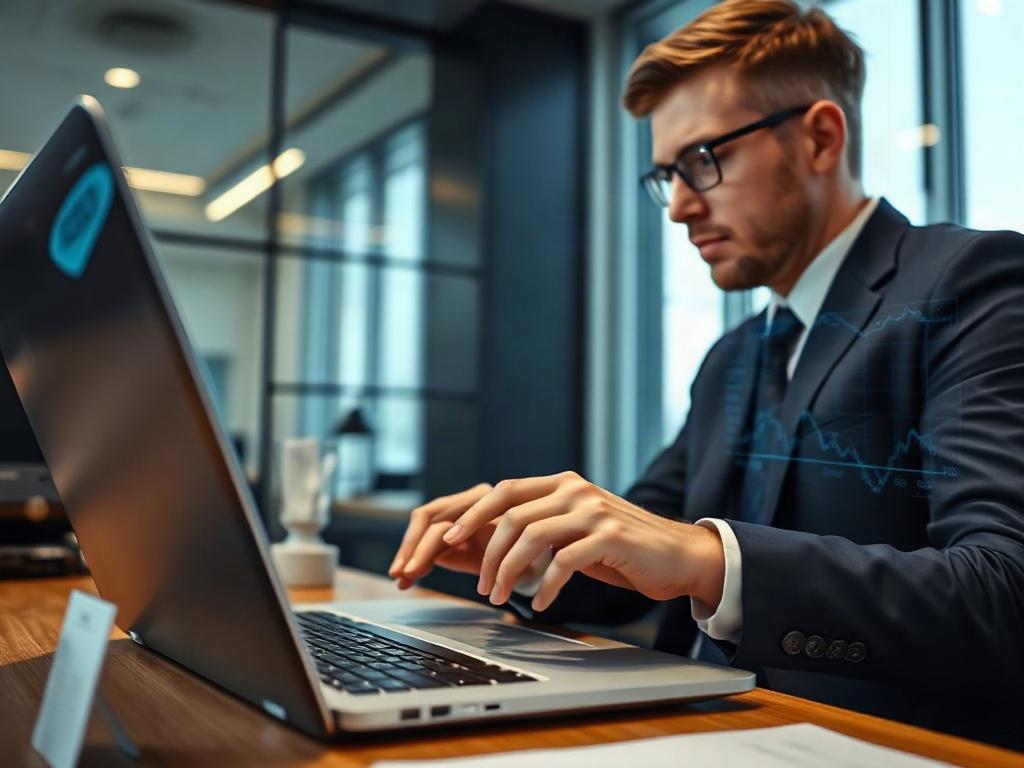 A close-up shot of a professional in a suit analyzing data on a laptop screen, with cybersecurity graphics displayed on the screen. The background is a modern office setting, creating a sense of seriousness and professionalism. The image should have a hyper-realistic style, capturing intricate details such as reflections on the laptop screen and the focused expression of the professional.