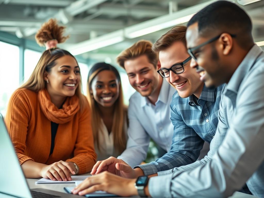 A close-up shot of a diverse group of professionals in a modern office setting, showcasing individuals from different backgrounds and generations collaborating around a workspace. The focus is on their engaged expressions and the vibrant atmosphere of teamwork. The background should include elements of technology and innovation, reflecting a dynamic affiliate network. The lighting is bright and inviting, with a color palette that incorporates shades of green, representing growth and collaboration.