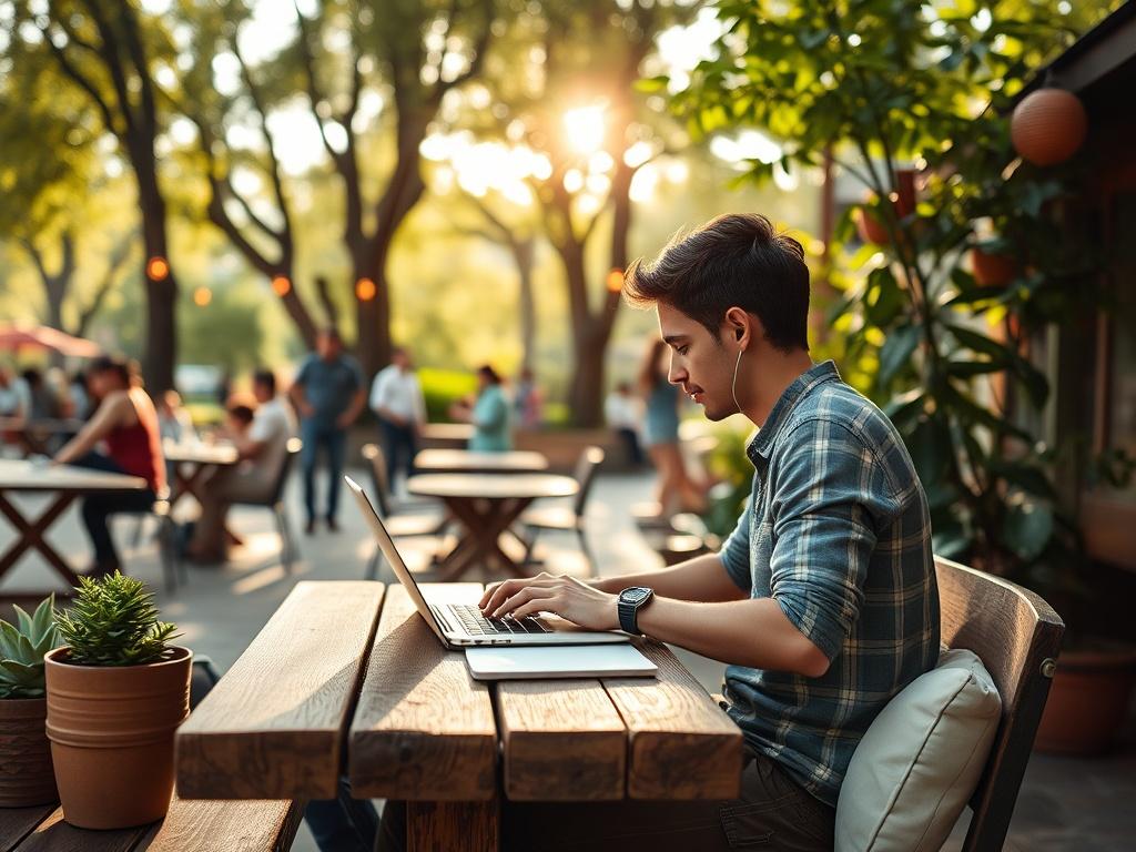 A high-resolution image showing a digital nomad working outdoors at a local café. The scene captures the person seated at a rustic wooden table with a laptop, surrounded by lush greenery and soft sunlight filtering through trees. In the background, a cozy park ambiance with people enjoying leisurely activities. The focus is on the individual, showcasing a relaxed yet productive atmosphere.