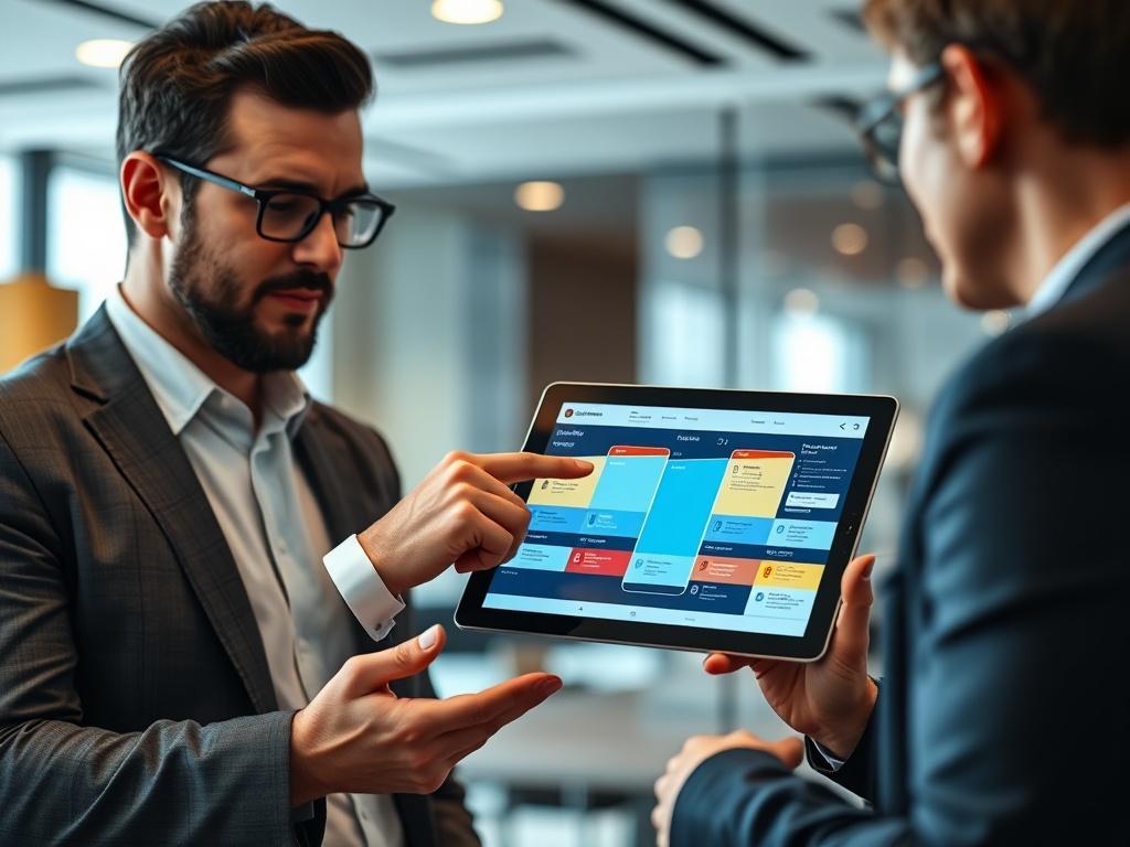 A close-up shot of a professional consultant discussing a Customized Transformation Plan with a client. The consultant is pointing at a digital tablet displaying a clear and colorful transformation roadmap. The background is a modern office setting with soft lighting, emphasizing a collaborative and productive atmosphere. The focus is on the consultant and the tablet, showcasing the detailed plan.