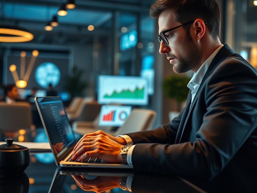 A close-up shot of a professional consultant analyzing global market trends on a laptop, with graphs and charts visible on the screen. The setting is a modern office with a sleek design and warm lighting. The consultant is focused and engaged, symbolizing deep analysis and strategy development. The background should feature elements that suggest innovation and technology, aligning with the theme of digital transformation.