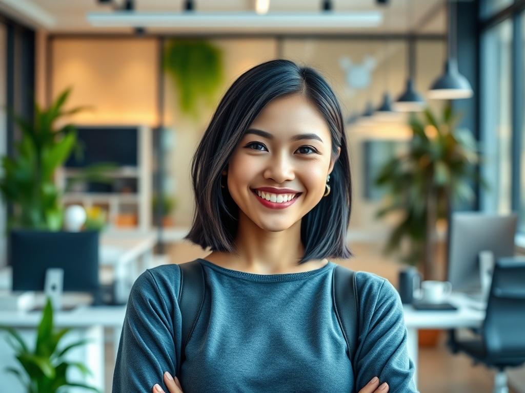 A confident young woman with a bright smile, standing in a modern office space. She has shoulder-length black hair and is dressed in a stylish, casual outfit. The background shows a clean and contemporary office with vibrant greenery and tech gadgets. The lighting is warm and inviting, emphasizing her friendly demeanor.