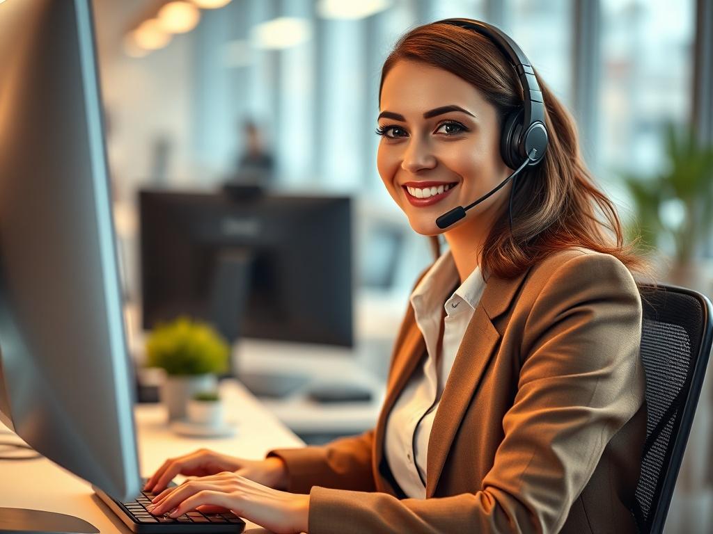 A highly detailed, realistic high-resolution photo of a female customer support specialist. She is smiling and wearing a professional outfit, seated at a modern desk with a computer setup, showing a headset. The background is slightly blurred to focus on her, with a bright and welcoming office environment. The lighting is warm and inviting, enhancing her friendly demeanor. The image should reflect a close-up shot, shot with a 45mm f/1.2 lens style, compatible with the rgb(50, 170, 39) primary color.