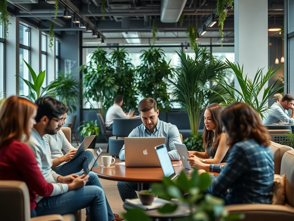 A hyper-realistic close-up shot of a modern coworking space filled with people collaborating, working on laptops, and enjoying a vibrant atmosphere. The background showcases comfortable seating and greenery, with soft lighting enhancing the focus on individuals engaged in productive discussions. Capture the essence of connection, innovation, and community within a coworking environment.