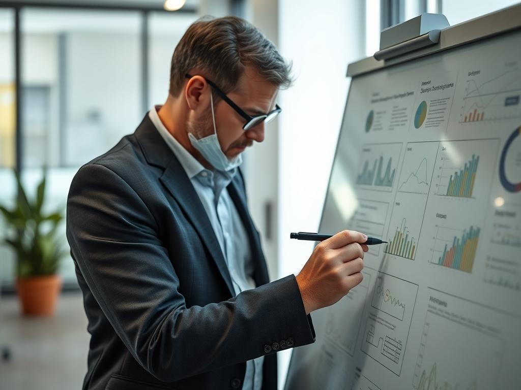 A close-up shot of a consultant writing on a whiteboard with strategic plans and diagrams. The consultant is focused on the task, with a bright and clean office setting in the background. The image should have a professional yet creative vibe, incorporating the primary color rgb(50, 170, 39) subtly in the décor.
