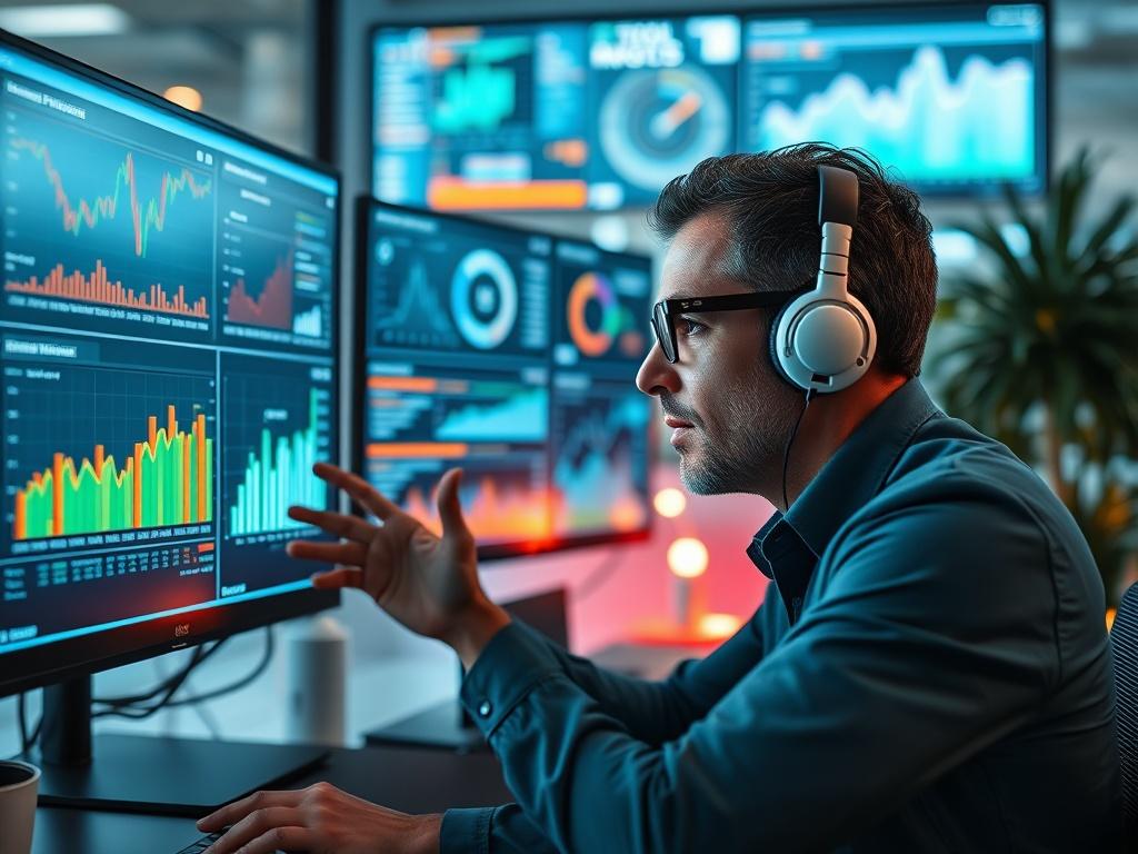 A close-up shot of a data analyst reviewing performance metrics on a digital dashboard. The setting should be a modern workspace filled with technology and data visualizations on screens. Bright and inviting lighting should enhance the focus on the analyst, with accents of rgb(50, 170, 39) in the décor.