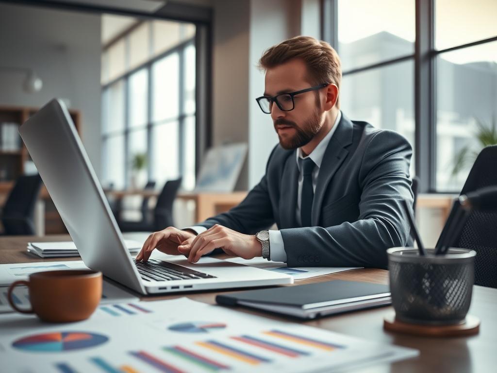 A close-up shot of a business consultant analyzing data on a laptop, surrounded by charts and graphs on a desk. The background is a modern office space, featuring soft natural light illuminating the scene. The colors should complement the primary color rgb(50, 170, 39), creating a professional and inviting atmosphere.
