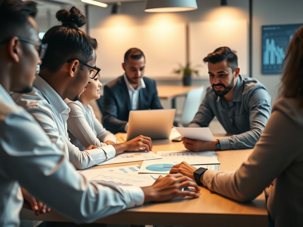 A close-up shot of a team meeting with professionals collaborating around a table, discussing implementation strategies. The environment should reflect a modern office vibe, with technology and charts visible. Soft lighting should create a warm and engaging atmosphere, while elements of rgb(50, 170, 39) are incorporated into the office design.