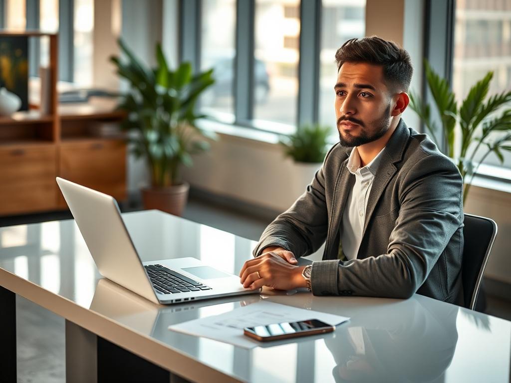 Create a realistic high-resolution photo depicting a dynamic and engaged startup founder in a modern workspace, illustrating the theme of "Startups Digital Transformation." 

**Composition**: The image should feature a single subject—a young, diverse startup founder, deep in thought, seated at a sleek desk with a laptop open in front of them. The composition should maintain a simple and clear focus on the founder, capturing their determination and eagerness for innovation.

**Subject Matter**: The founder, 