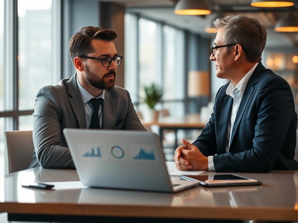 A close-up shot of a consultant engaging in a discussion with a client in a modern office setting. The consultant appears focused and professional, with a laptop open on the desk, displaying graphs and analytics. The background is softly blurred to emphasize the interaction, and warm lighting adds a welcoming atmosphere.