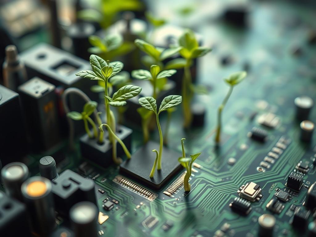 A hyper-realistic close-up shot of a green circuit board with plants growing through it, symbolizing sustainability in technology. The background is softly blurred to focus on the circuit board and plants. The image should be vibrant with a primary color of rgb(50, 170, 39) to emphasize the theme of eco-friendly technology.