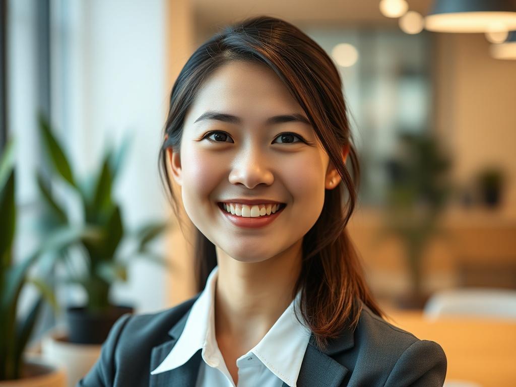 A close-up shot of a professional woman in a business setting, showcasing confidence and approachability. The subject, Vivian Koh, is smiling warmly, dressed in smart casual attire, with a modern office background featuring plants and soft lighting. The image should capture her engaging and positive demeanor, focusing solely on her, ensuring a hyper-realistic quality with a depth of field that blurs the background slightly to emphasize her presence.