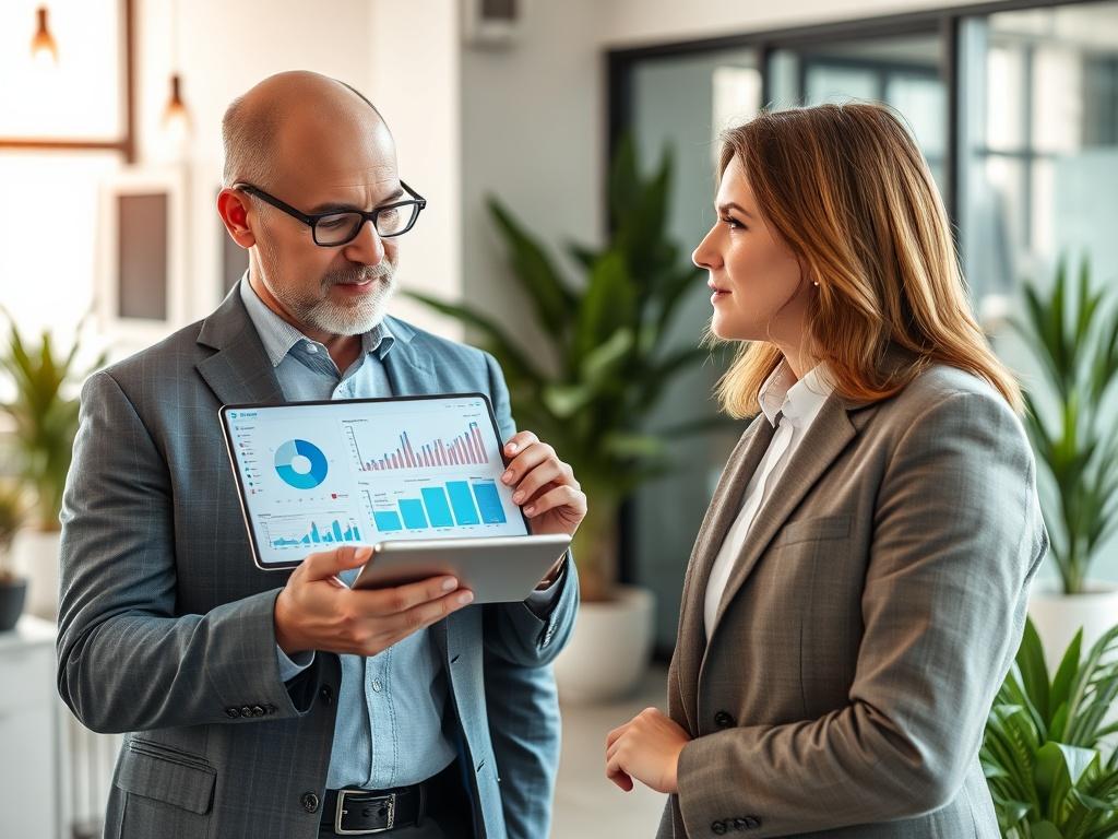 A hyper-realistic close-up shot of a professional consultant discussing IoT technology with a business client in an office setting. The consultant holds a tablet displaying IoT analytics, while the client looks engaged and thoughtful. The background features modern office decor, with plants and technology elements that suggest innovation and connectivity. The overall tone is professional and collaborative, with natural lighting emphasizing the interaction.