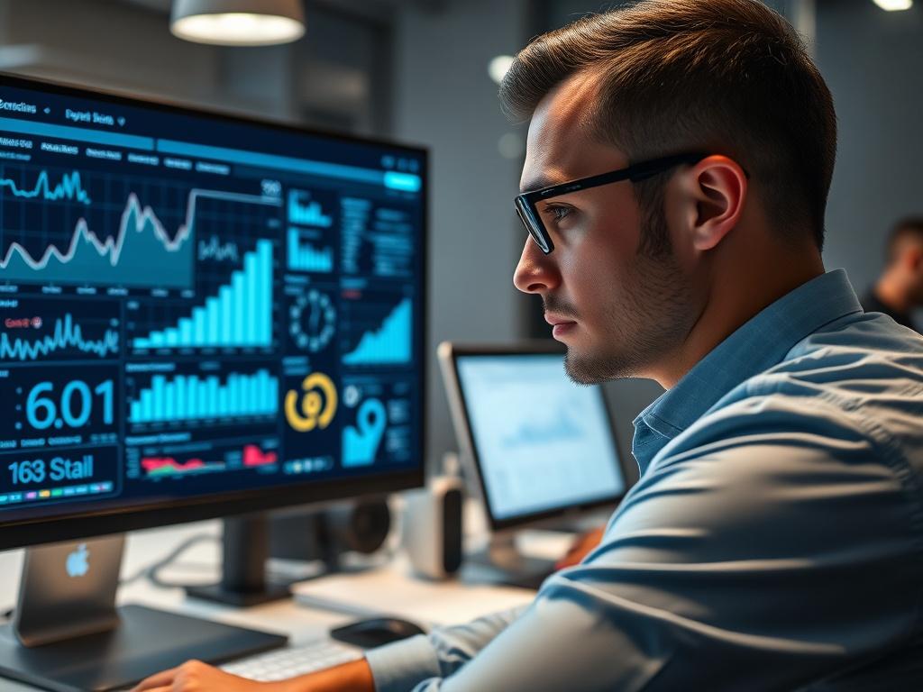 A close-up shot of a cybersecurity expert analyzing data on a high-resolution screen filled with cybersecurity analytics and threat detection graphs. The expert is focused and wearing professional attire, with a modern office background featuring tech gadgets and a digital clock. The lighting is bright and the overall composition is clear and professional.