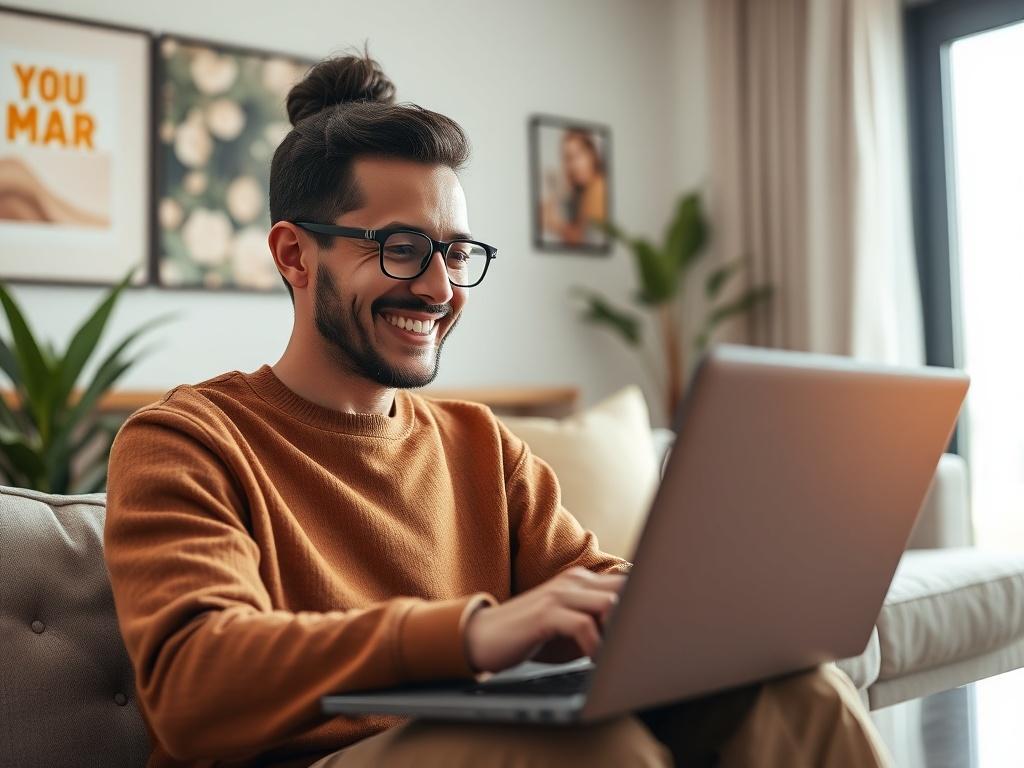 A close-up shot of a satisfied customer using Starlink Internet service in a modern living room setting. The customer should be smiling while using a laptop, showcasing the seamless internet connection. The background should feature a stylish interior with a hint of greenery, emphasizing a comfortable and tech-savvy environment. The color palette should complement the rgb(50, 170, 39) primary color, creating a warm and inviting atmosphere.