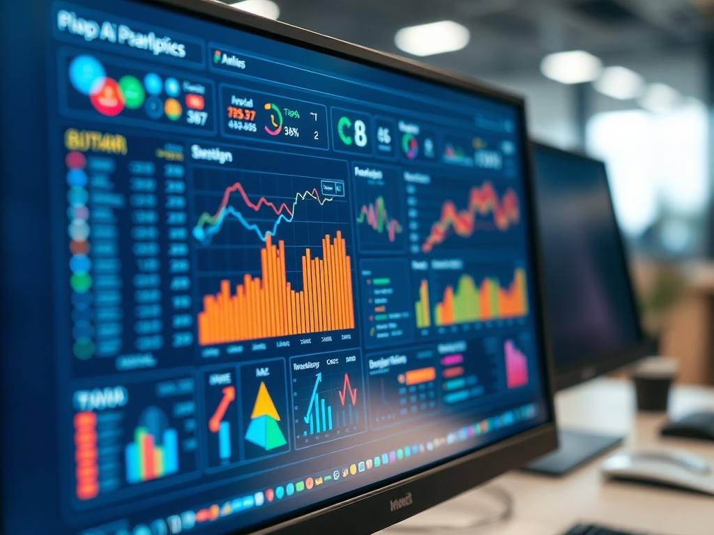 A hyper-realistic close-up shot of a computer screen displaying an AI-driven analytics dashboard, showcasing colorful graphs and data visuals. The background is blurred with soft lighting, emphasizing the screen's clarity. The image captures a professional office environment, suggesting innovation and technology.