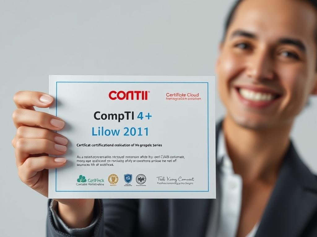 A close-up shot of a professional holding a CompTIA Cloud+ certification certificate, smiling proudly. The background should be simple and clear, emphasizing the certification in the foreground. The image should reflect a sense of achievement and professionalism, with soft lighting that highlights the certificate's details.