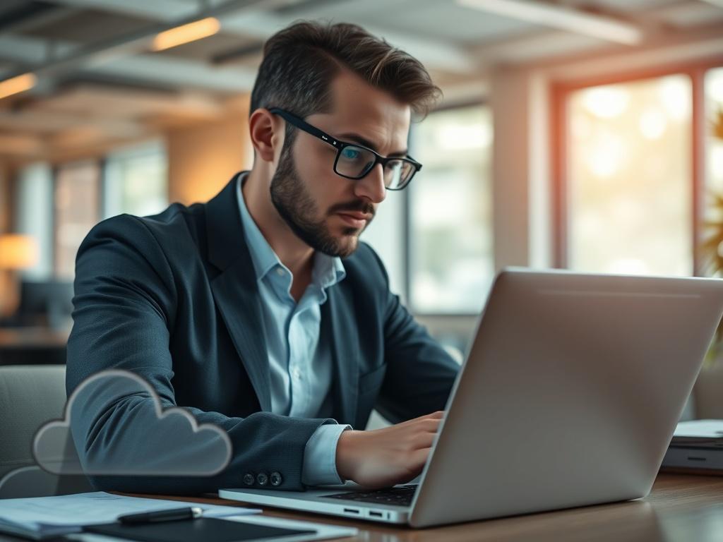 A hyper-realistic close-up shot of a professional consultant working on a laptop, focused on a cloud migration project for a healthcare company named HealthPlus. The background should be a modern office environment with soft natural lighting, conveying a sense of innovation and technology. The consultant is reviewing data on the screen, with cloud icons subtly integrated into the scene, symbolizing cloud migration. The image should have vibrant colors, particularly emphasizing the primary color rgb(50, 170,