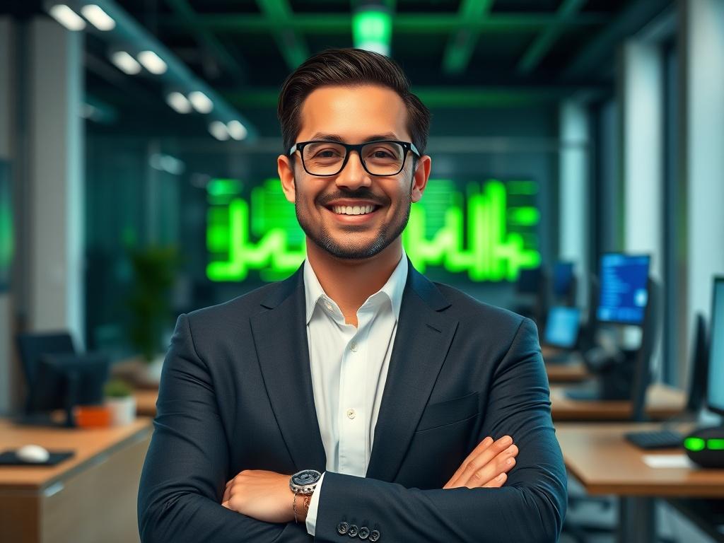 A portrait of a confident Chief Technology Officer (CTO) in a modern office setting, showcasing a professional individual in a tailored suit. The subject stands with arms crossed, smiling warmly, exuding leadership and expertise. The background features high-tech gadgets and digital displays, reflecting innovation in technology. The lighting is bright and inviting, highlighting the individual against a sleek, minimalist office design. The colors are vibrant, with an emphasis on greens to represent growth an