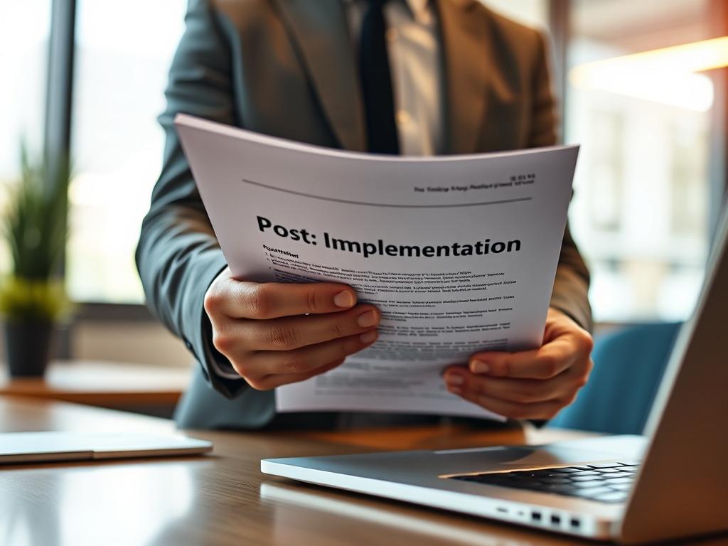 A hyper-realistic image of a professional consultant reviewing a Post-Implementation Report document in a modern office setting. The focus is on the consultant's hands holding the report, with a blurred background of a sleek desk and a laptop. The lighting is warm and inviting, with a color palette that complements rgb(50, 170, 39). The image should convey a sense of professionalism and attention to detail.