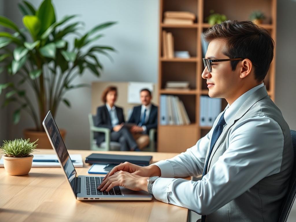 A close-up shot of a professional recruitment setting. The image should feature a candidate sitting confidently at a desk, dressed in business attire, engaging in a video interview on a laptop. The background should include elements of a modern office space, such as a plant and a bookshelf, with soft, natural lighting to create a welcoming atmosphere. The color palette should complement rgb(50, 170, 39).