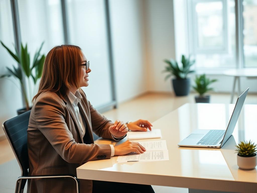 A focused close-up shot of a business consultant sitting at a sleek, modern desk, engaged in a discussion with a small business owner. The background features a minimalist office space with soft natural lighting, showcasing a laptop and business documents on the desk. The consultant appears confident and supportive, conveying a sense of professionalism and trust. The primary color of the scene is a vibrant green, reflecting a theme of growth and innovation.