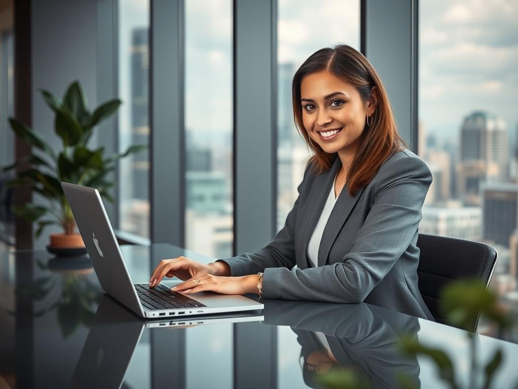 Create a realistic high-resolution photo capturing the essence of "Digital Transformation for Legacy Enterprises." Focus on a single subject: an intelligent businesswoman seated at a sleek, modern desk with a laptop open in front of her. She embodies confidence and innovation, wearing professional attire with a warm yet determined expression as she analyzes data displayed on the screen. 

The background should consist of a contemporary office environment featuring large windows that invite natural light and