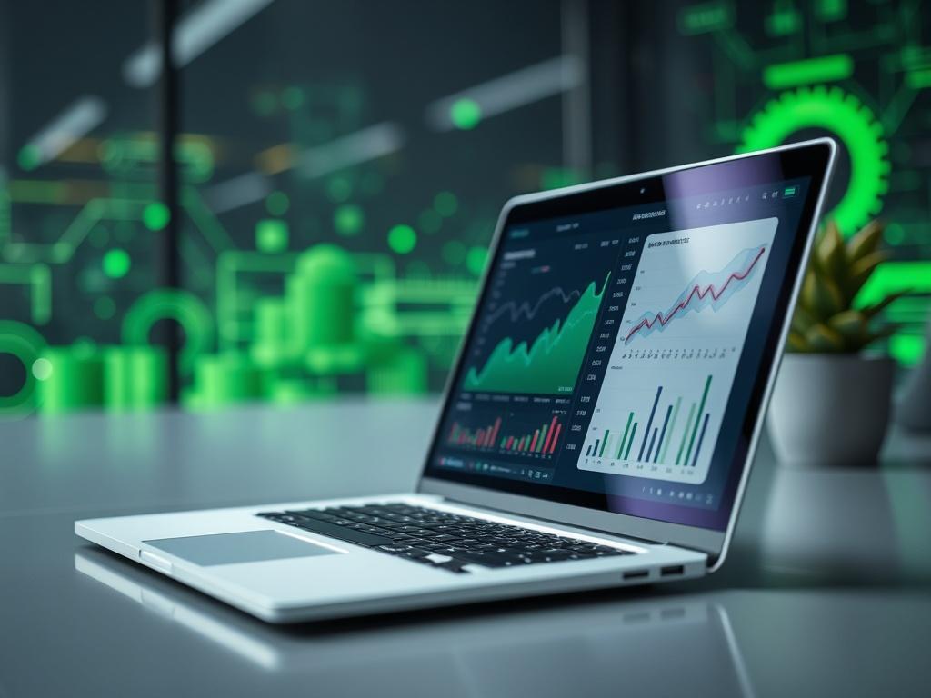 A close-up shot of a modern technology consulting workspace, featuring a sleek laptop open on a desk with graphs and data analytics displayed on the screen. The background shows abstract digital elements symbolizing edge computing, with a vibrant green and gray color palette. The focus is on the laptop, highlighting the advanced technology theme in a hyper-realistic style, shot with a 45mm f/1.2 lens.