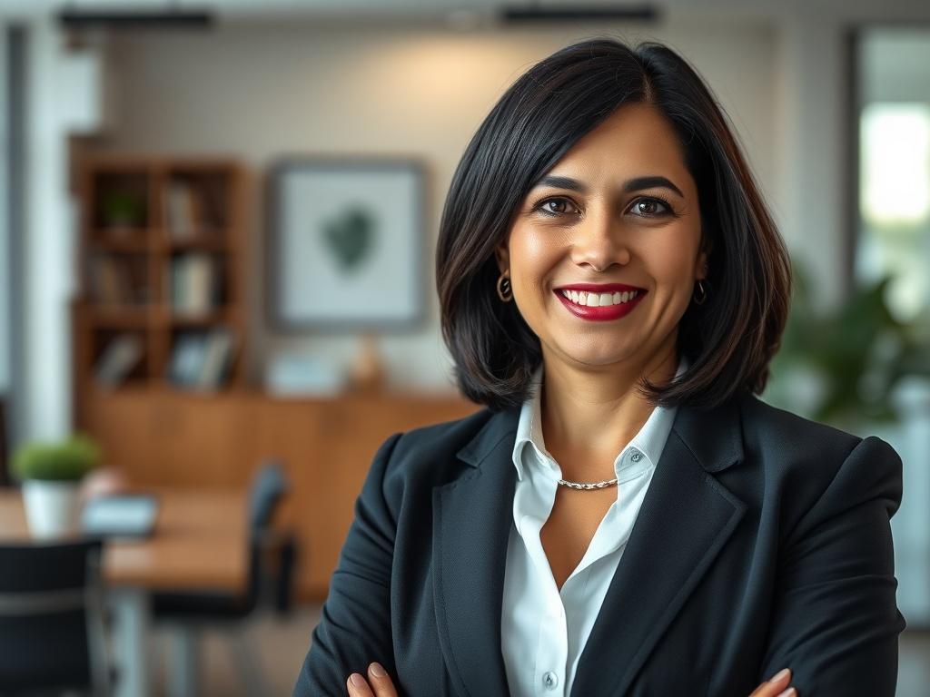 A professional portrait of a middle-aged woman, Hanna Alif Talib, with a warm smile, standing confidently in an office environment. She has shoulder-length dark hair and wears a smart blazer. The background features a modern office with soft lighting, showcasing a hint of technology to reflect her expertise in affiliate marketing. The color scheme should incorporate the primary color rgb(50, 170, 39) subtly in the decor.
