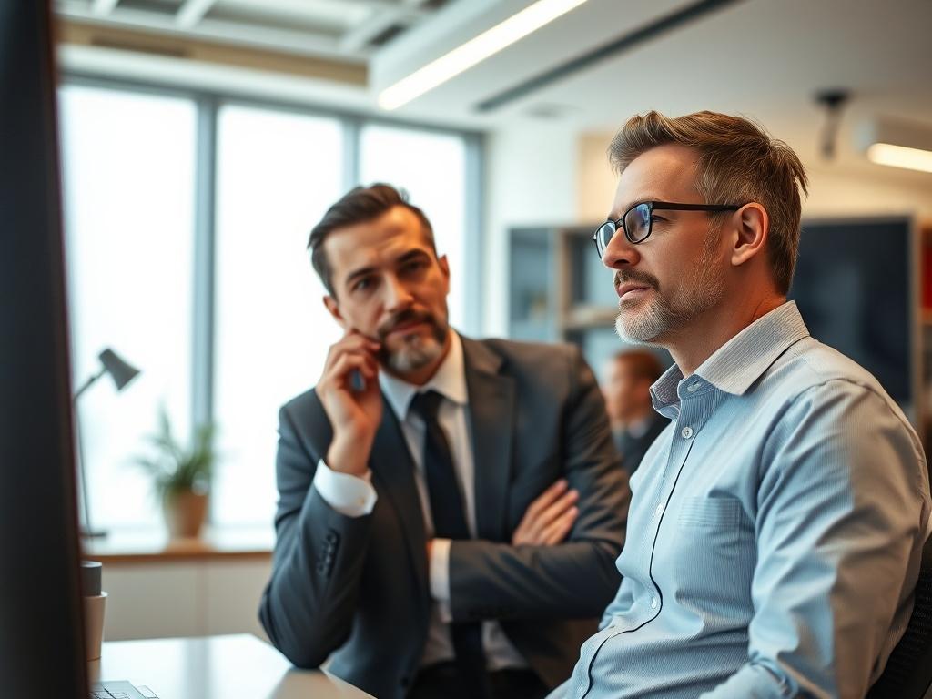 A close-up shot of a professional consultant engaging with a client in an office setting. The consultant is listening attentively to the client, who appears thoughtful and engaged. The background features modern office decor, with a focus on a sleek desk and digital devices, emphasizing a dynamic and innovative atmosphere.
